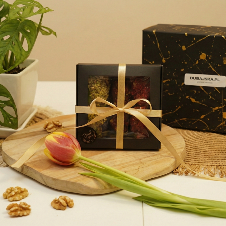 pudełko daktyli w rzucie poziomym z orzechami obok