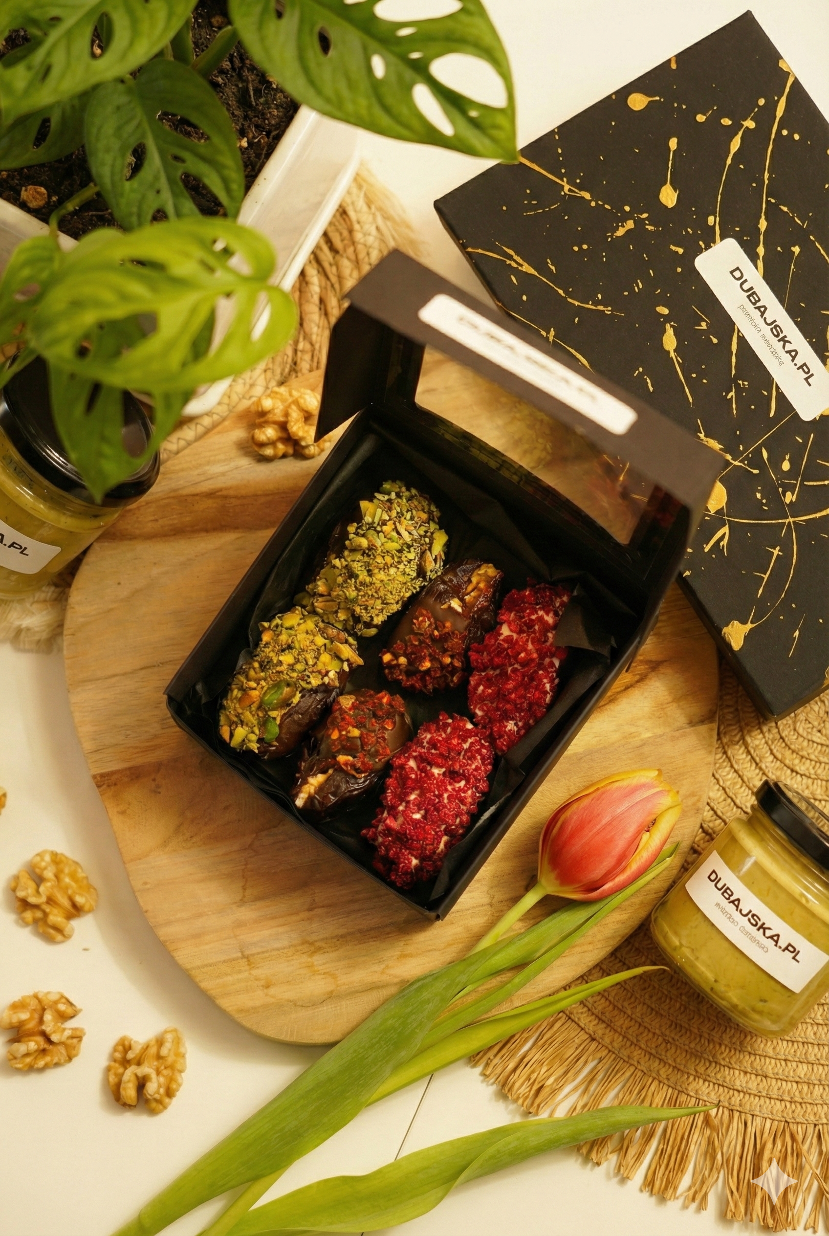 daktyle w aranżacji z kwiatem i słoikiem kremu dubajskiego